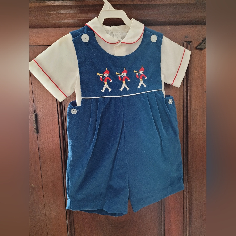 Vintage Baby Boy Size 4T Blue & White Trumpet Players Romper